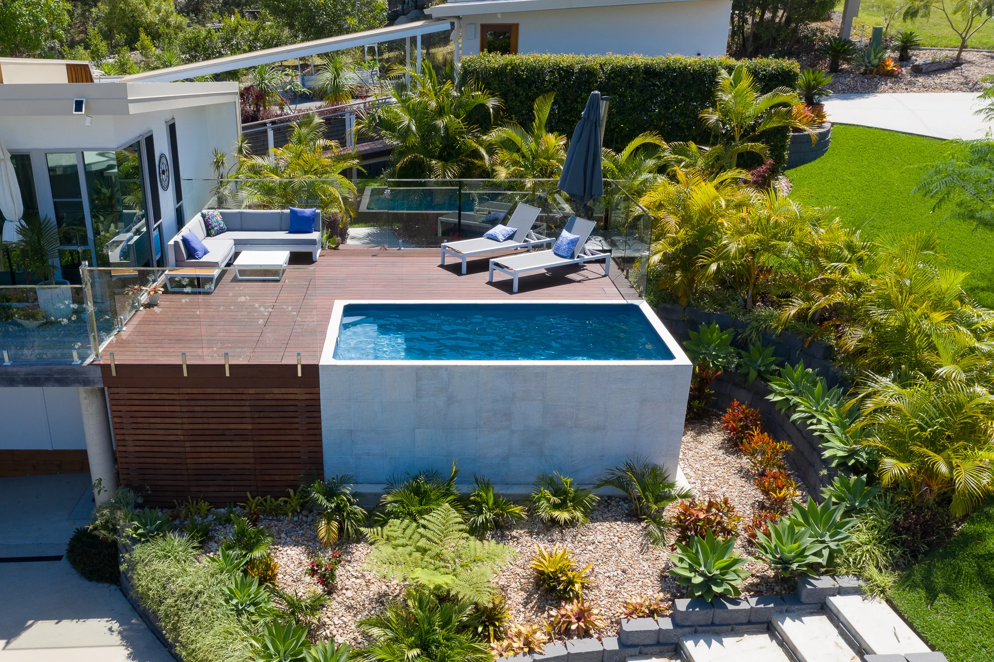 Modern above-ground plunge pool with elevated wood deck, glass railing, tropical landscaping, and contemporary outdoor lounge area